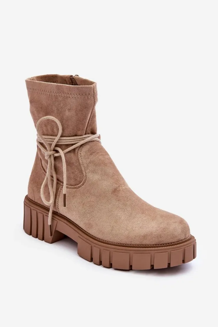 Hot Boto Zamszowe Botki Damskie Z Wiązaniem Beżowe Lineanor