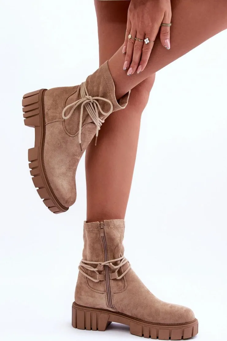 Hot Boto Zamszowe Botki Damskie Z Wiązaniem Beżowe Lineanor