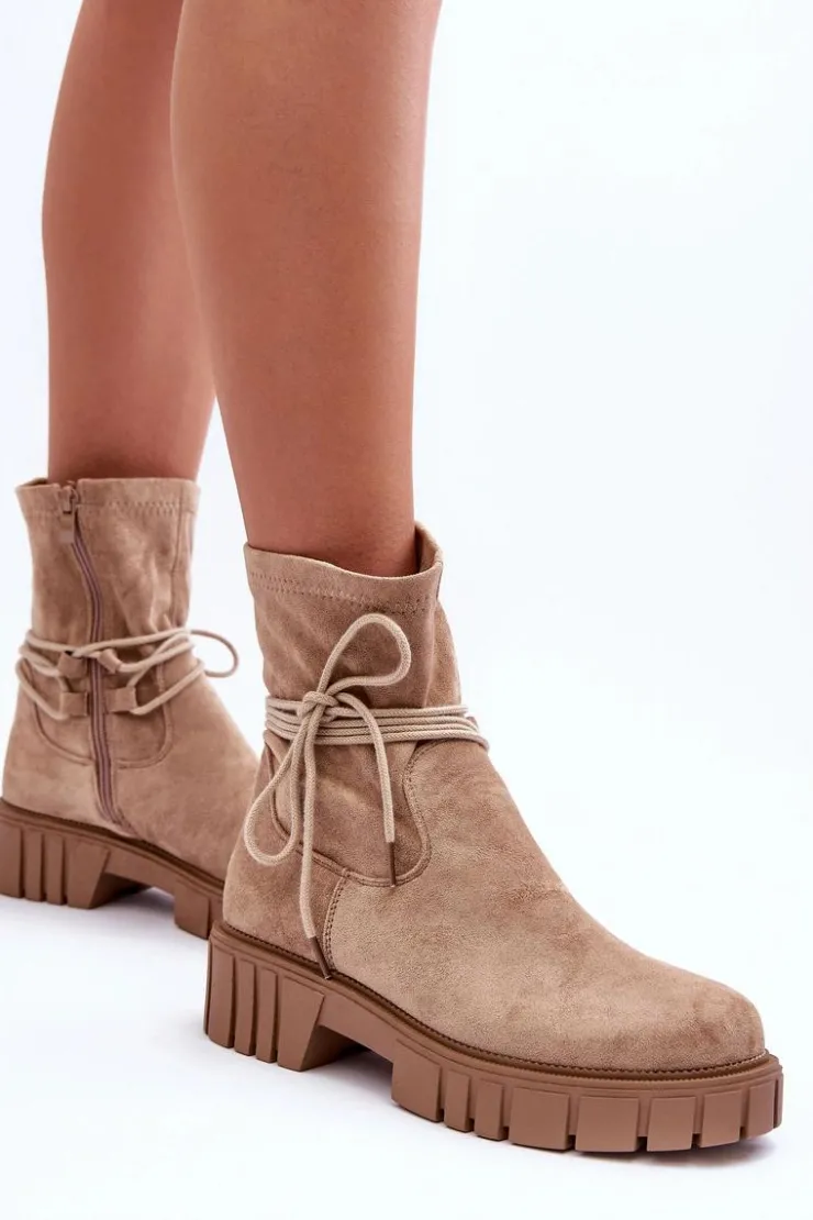 Hot Boto Zamszowe Botki Damskie Z Wiązaniem Beżowe Lineanor