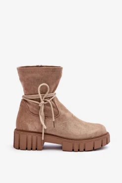 Hot Boto Zamszowe Botki Damskie Z Wiązaniem Beżowe Lineanor