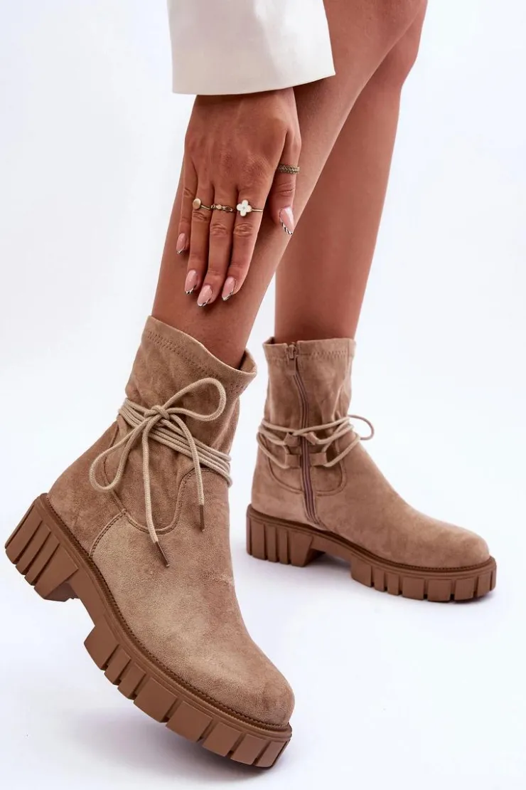 Hot Boto Zamszowe Botki Damskie Z Wiązaniem Beżowe Lineanor