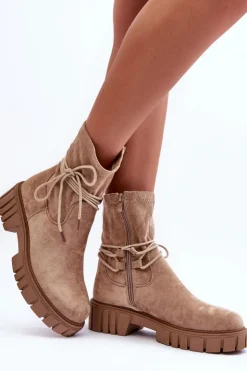 Hot Boto Zamszowe Botki Damskie Z Wiązaniem Beżowe Lineanor
