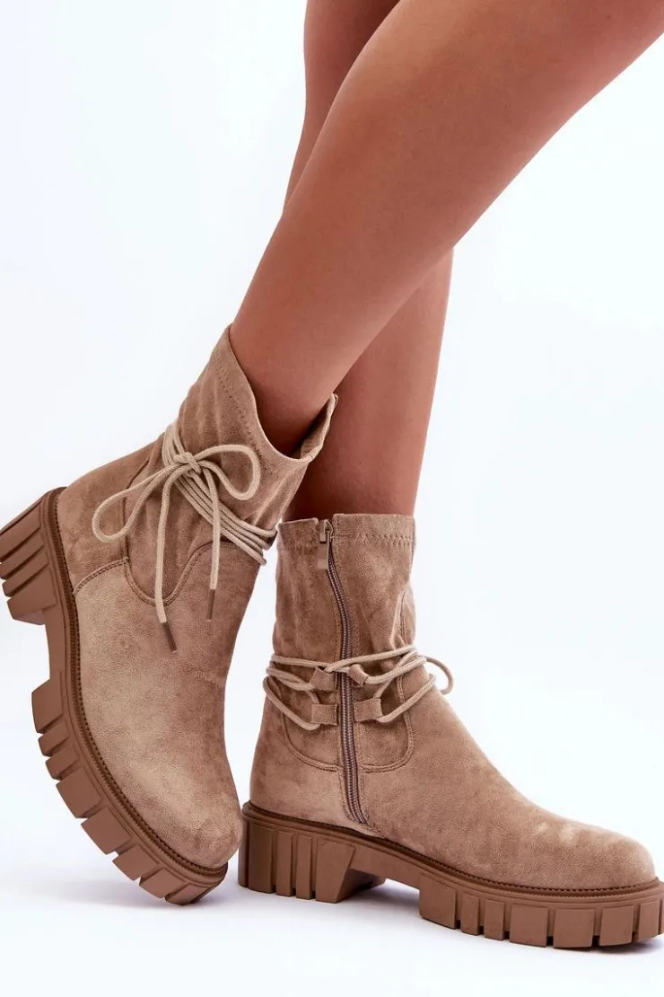 Hot Boto Zamszowe Botki Damskie Z Wiązaniem Beżowe Lineanor