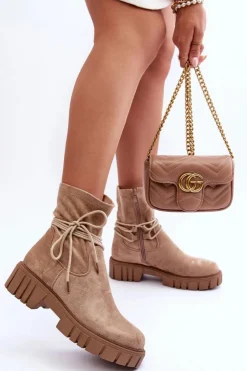 Hot Boto Zamszowe Botki Damskie Z Wiązaniem Beżowe Lineanor