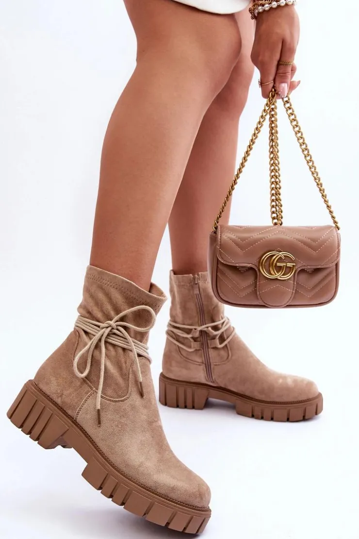 Hot Boto Zamszowe Botki Damskie Z Wiązaniem Beżowe Lineanor