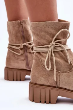 Hot Boto Zamszowe Botki Damskie Z Wiązaniem Beżowe Lineanor