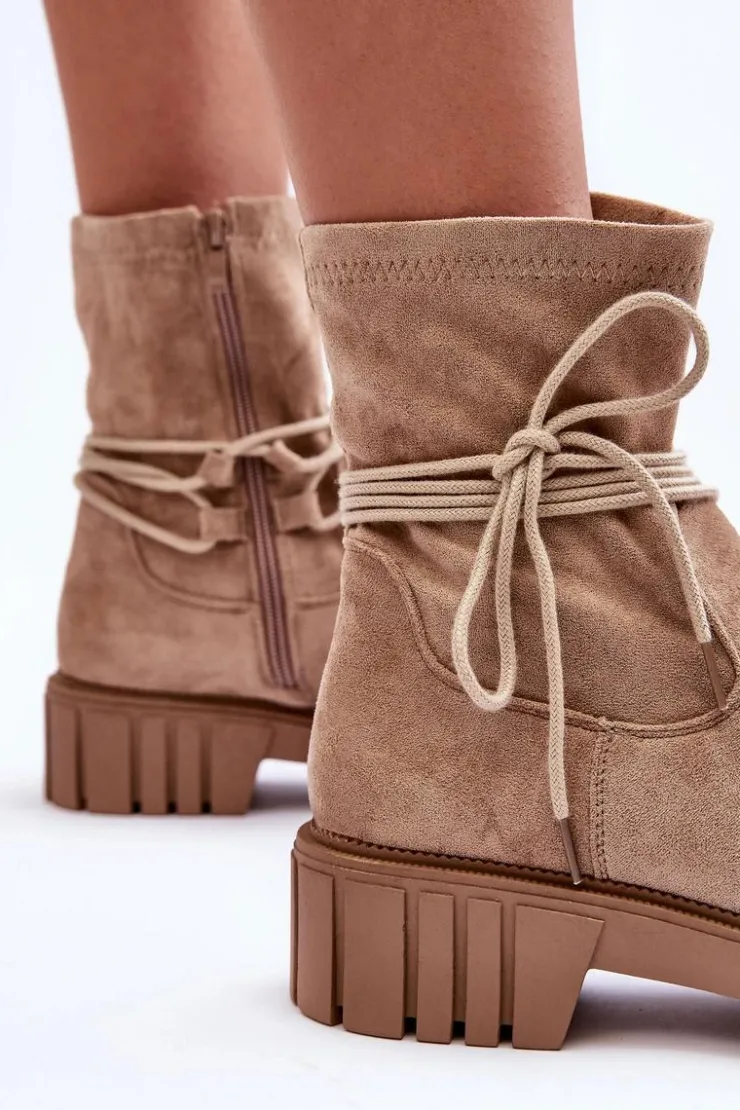 Hot Boto Zamszowe Botki Damskie Z Wiązaniem Beżowe Lineanor
