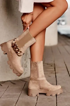 Online Boto Zamszowe Botki Damskie Z Łańcuchem Beżowe Nemette