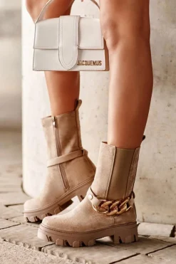 Online Boto Zamszowe Botki Damskie Z Łańcuchem Beżowe Nemette