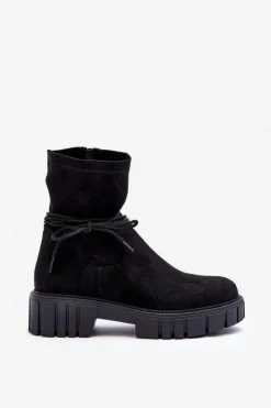 Damskie Boto Zamszowe Botki Damskie Z Wiązaniem Czarne Lineanor