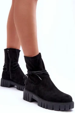 Damskie Boto Zamszowe Botki Damskie Z Wiązaniem Czarne Lineanor