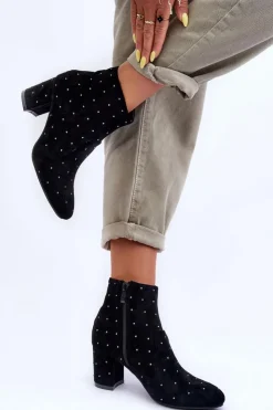 Boto Zamszowe Botki Damskie Zdobione Ćwiekami Czarne Antede