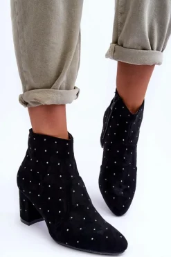 Boto Zamszowe Botki Damskie Zdobione Ćwiekami Czarne Antede