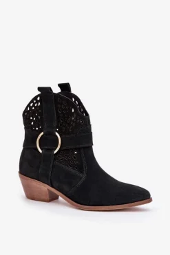 Hot Zazoo Zamszowe Botki Kowbojki Ażurowe Na Obcasie 2994 Czarne Czarny
