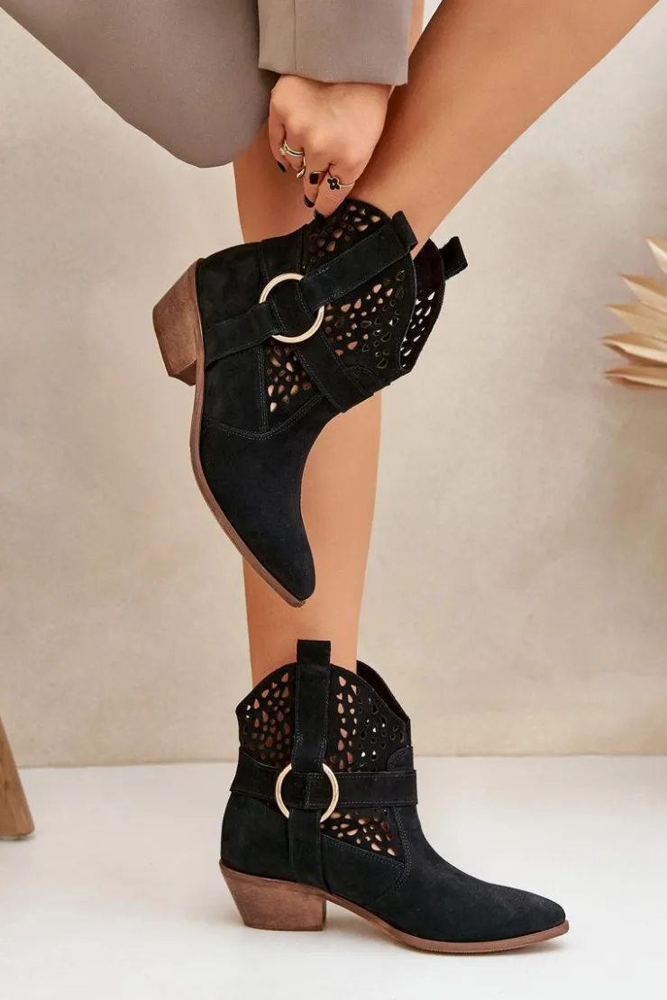 Hot Zazoo Zamszowe Botki Kowbojki Ażurowe Na Obcasie 2994 Czarne Czarny