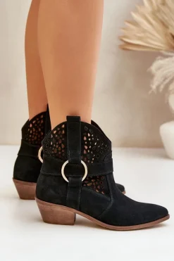 Hot Zazoo Zamszowe Botki Kowbojki Ażurowe Na Obcasie 2994 Czarne Czarny