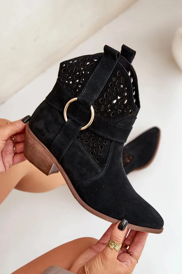 Hot Zazoo Zamszowe Botki Kowbojki Ażurowe Na Obcasie 2994 Czarne Czarny