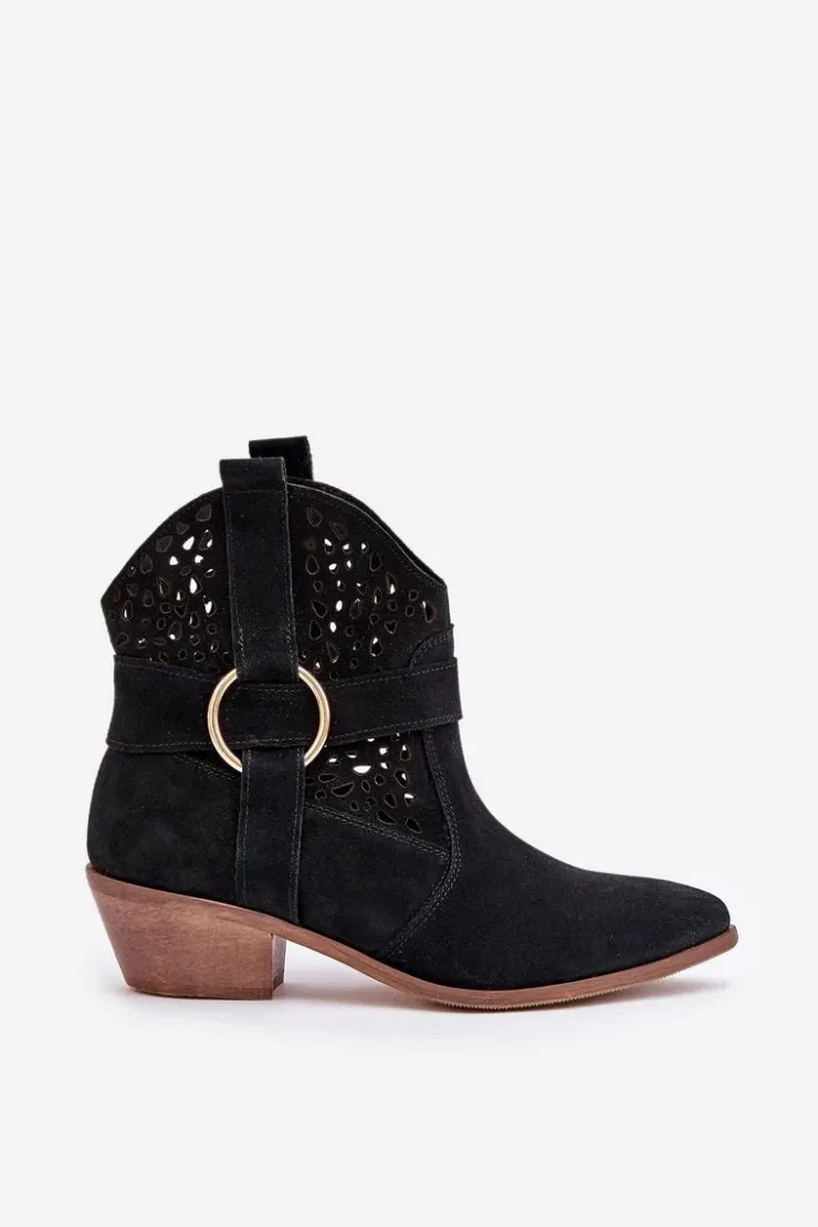 Hot Zazoo Zamszowe Botki Kowbojki Ażurowe Na Obcasie 2994 Czarne Czarny