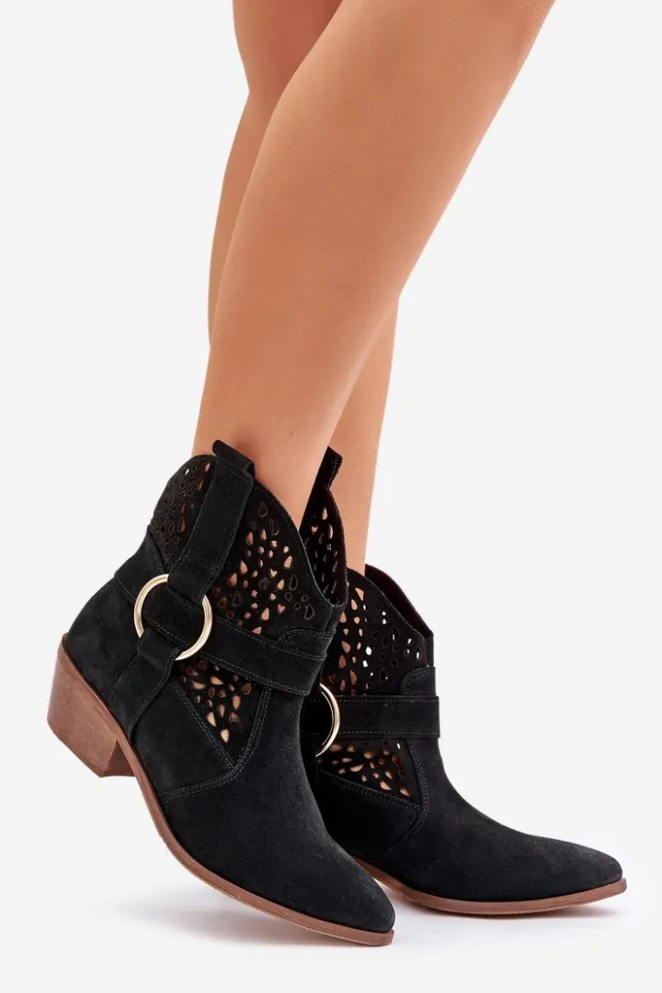 Hot Zazoo Zamszowe Botki Kowbojki Ażurowe Na Obcasie 2994 Czarne Czarny