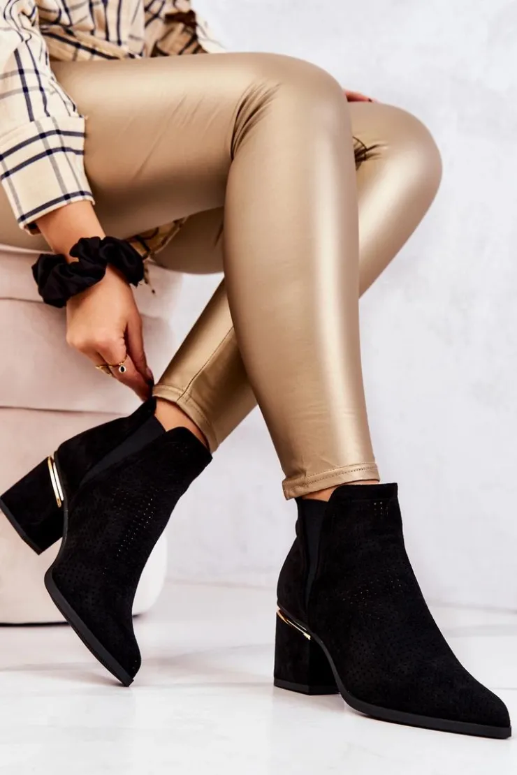 Boto Botki Na Słupku|Czarne Botki*Zamszowe Botki Kowbojki Ażurowe Czarne Helloni