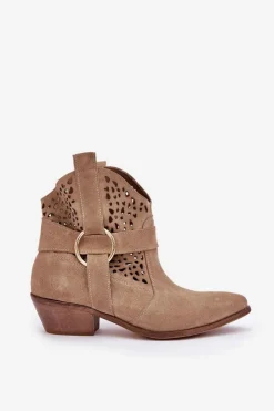 Zazoo Botki Wiosenne|Botki Na Słupku*Zamszowe Botki Kowbojki Ażurowe Na Obcasie 2994 Beżowe Beżowy
