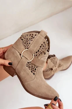 Zazoo Botki Wiosenne|Botki Na Słupku*Zamszowe Botki Kowbojki Ażurowe Na Obcasie 2994 Beżowe Beżowy