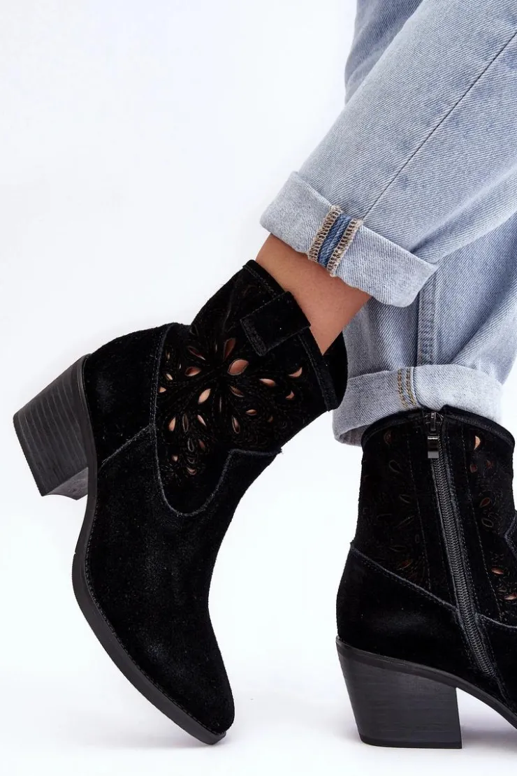 Damskie Damskie buty S.Barski Zamszowe Botki Kowbojki Ażurowe D&A SN622-20 Czarne