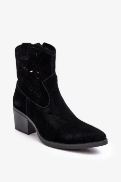 Damskie Damskie buty S.Barski Zamszowe Botki Kowbojki Ażurowe D&A SN622-20 Czarne