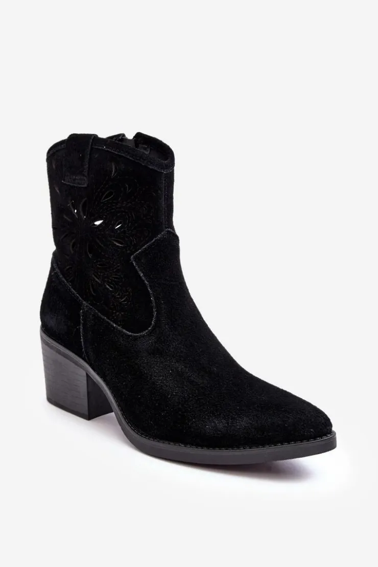 Damskie Damskie buty S.Barski Zamszowe Botki Kowbojki Ażurowe D&A SN622-20 Czarne