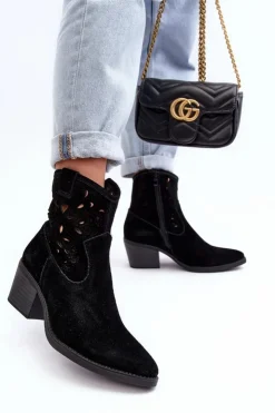 Damskie Damskie buty S.Barski Zamszowe Botki Kowbojki Ażurowe D&A SN622-20 Czarne