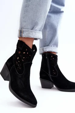 Damskie Damskie buty S.Barski Zamszowe Botki Kowbojki Ażurowe D&A SN622-20 Czarne