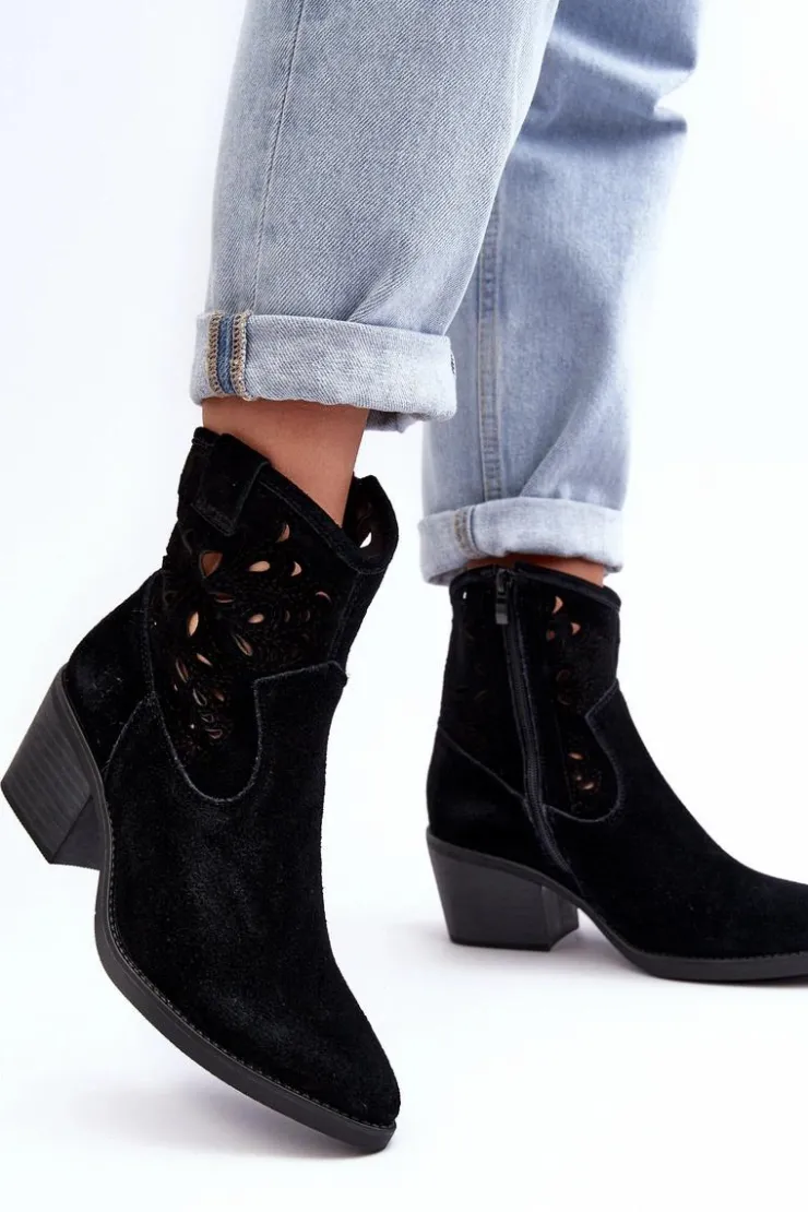 Damskie Damskie buty S.Barski Zamszowe Botki Kowbojki Ażurowe D&A SN622-20 Czarne