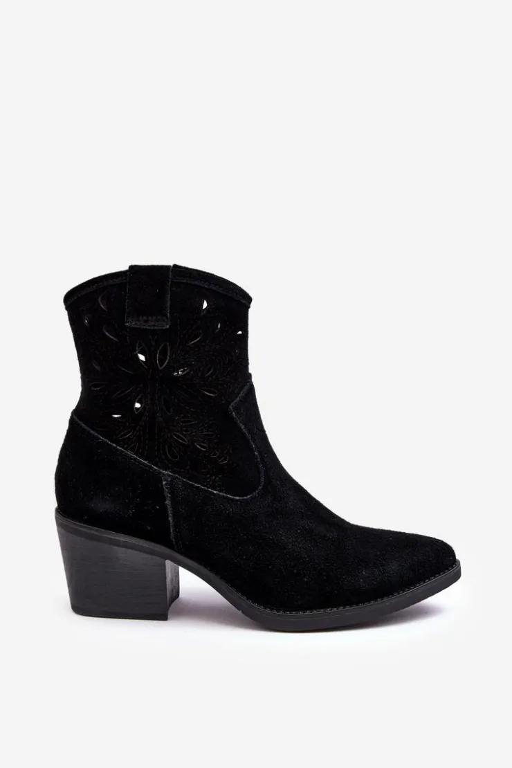 Damskie Damskie buty S.Barski Zamszowe Botki Kowbojki Ażurowe D&A SN622-20 Czarne