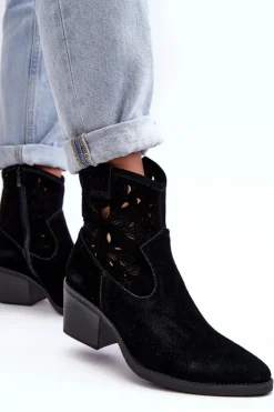 Damskie Damskie buty S.Barski Zamszowe Botki Kowbojki Ażurowe D&A SN622-20 Czarne