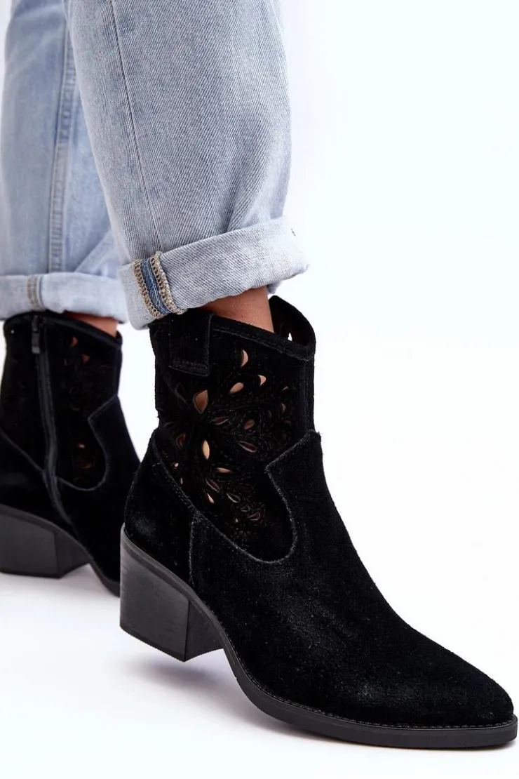 Damskie Damskie buty S.Barski Zamszowe Botki Kowbojki Ażurowe D&A SN622-20 Czarne