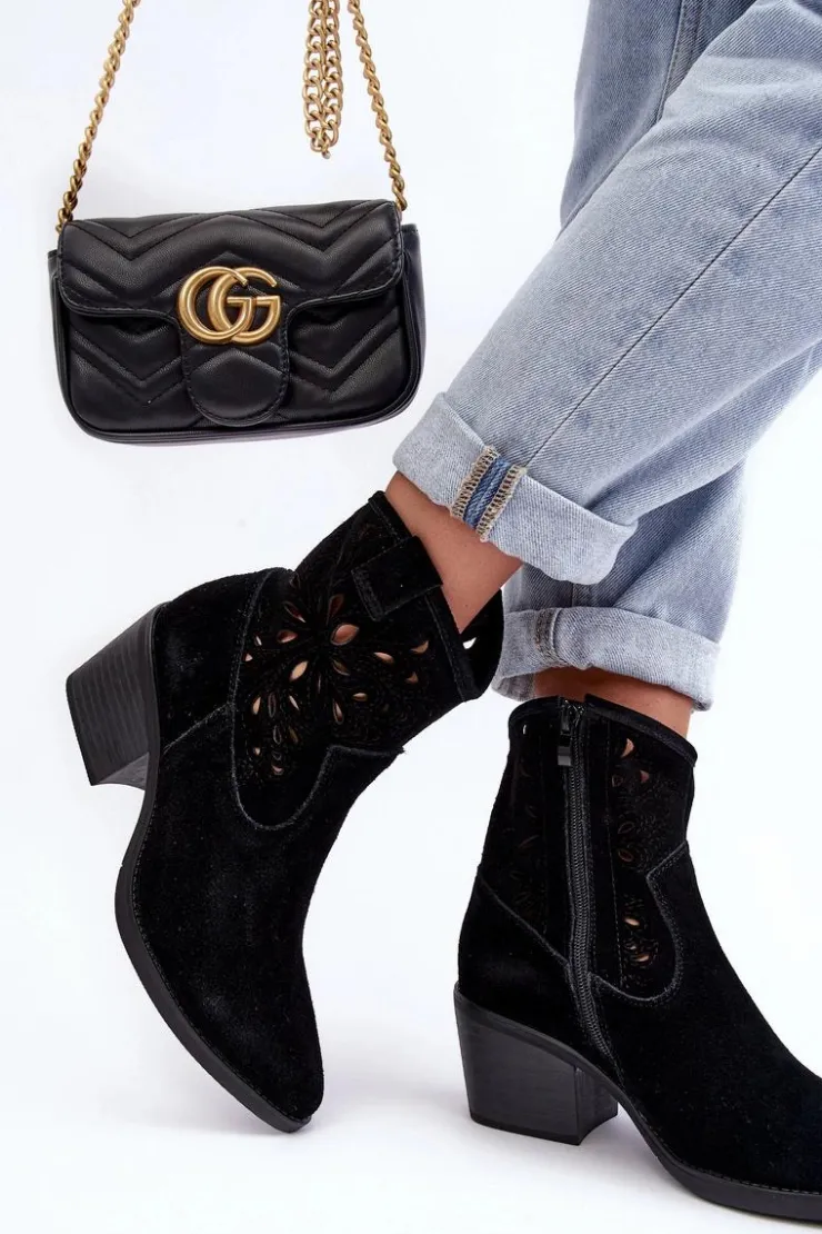 Damskie Damskie buty S.Barski Zamszowe Botki Kowbojki Ażurowe D&A SN622-20 Czarne