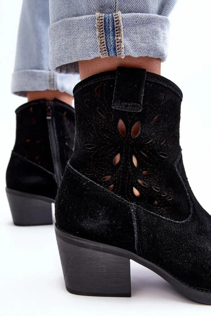 Damskie Damskie buty S.Barski Zamszowe Botki Kowbojki Ażurowe D&A SN622-20 Czarne