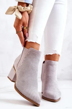 Damskie Boto Zamszowe Botki Kowbojki Ażurowe Szare Helloni