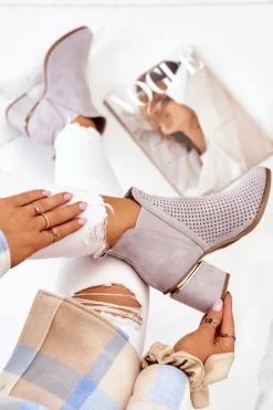 Damskie Boto Zamszowe Botki Kowbojki Ażurowe Szare Helloni