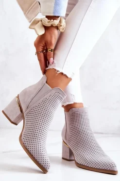 Damskie Boto Zamszowe Botki Kowbojki Ażurowe Szare Helloni