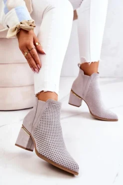 Damskie Boto Zamszowe Botki Kowbojki Ażurowe Szare Helloni