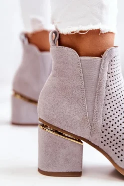 Damskie Boto Zamszowe Botki Kowbojki Ażurowe Szare Helloni