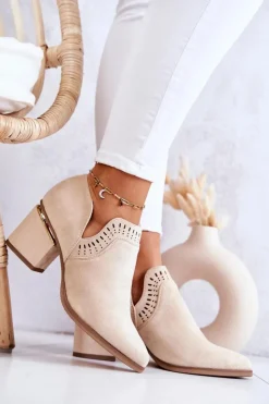 Damskie Boto Zamszowe Botki Kowbojki Ażurowe Beżowe Valerie