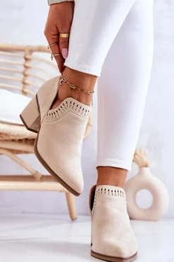 Damskie Boto Zamszowe Botki Kowbojki Ażurowe Beżowe Valerie