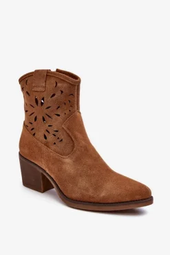 Damskie buty S.Barski Botki Wiosenne|Botki Skórzane*Zamszowe Botki Kowbojki Ażurowe D&A SN622-20 Camel