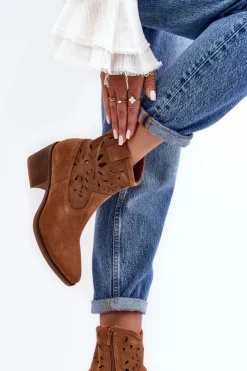 Damskie buty S.Barski Botki Wiosenne|Botki Skórzane*Zamszowe Botki Kowbojki Ażurowe D&A SN622-20 Camel