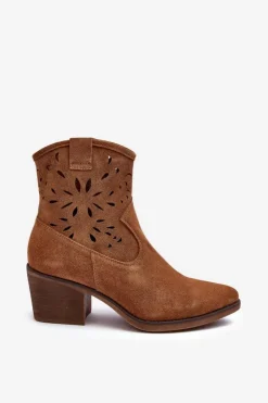 Damskie buty S.Barski Botki Wiosenne|Botki Skórzane*Zamszowe Botki Kowbojki Ażurowe D&A SN622-20 Camel