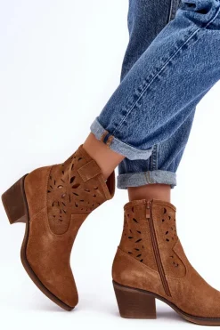 Damskie buty S.Barski Botki Wiosenne|Botki Skórzane*Zamszowe Botki Kowbojki Ażurowe D&A SN622-20 Camel