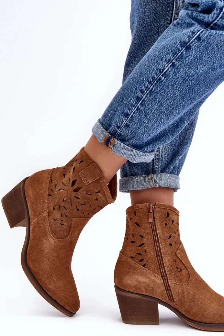 Damskie buty S.Barski Botki Wiosenne|Botki Skórzane*Zamszowe Botki Kowbojki Ażurowe D&A SN622-20 Camel