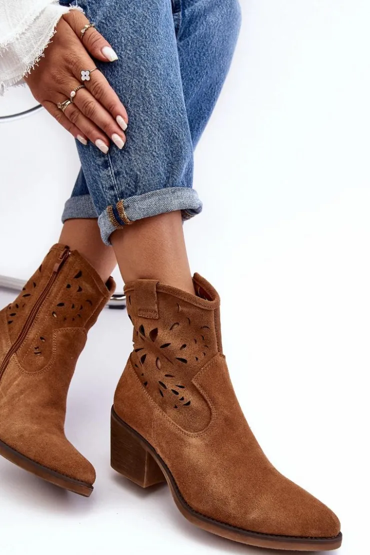 Damskie buty S.Barski Botki Wiosenne|Botki Skórzane*Zamszowe Botki Kowbojki Ażurowe D&A SN622-20 Camel